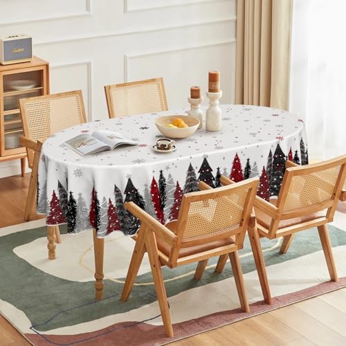 Christmas Tablecloth 60 x 84 Inch Oval Christmas Trees Red Black in 60 x 84 Inch, alternate view 2
