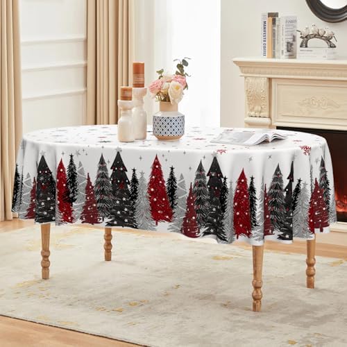 Christmas Tablecloth 60 x 84 Inch Oval Christmas Trees Red Black in 60 x 84 Inch, alternate view 3