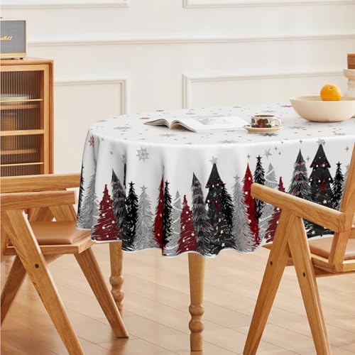 Christmas Tablecloth 60 x 84 Inch Oval Christmas Trees Red Black in 60 x 84 Inch, alternate view 4