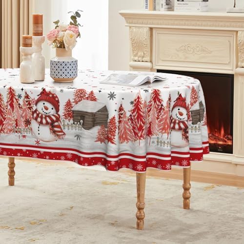 Christmas Tablecloth 60 x 84 Inch Oval Red Snowman Pine Snow in 60 x 84 Inch
