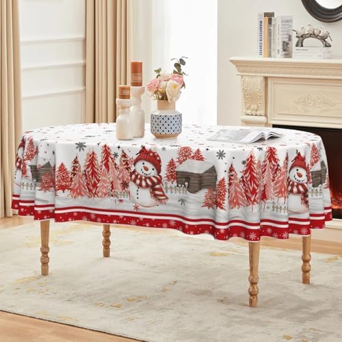 Christmas Tablecloth 60 x 84 Inch Oval Red Snowman Pine Snow in 60 x 84 Inch, alternate view 3