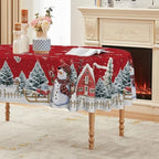 Christmas Tablecloth 60 x 84 Inch Oval Winter Snowman House Red in 60 x 84 Inch