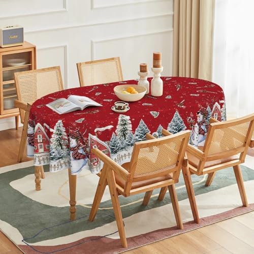 Christmas Tablecloth 60 x 84 Inch Oval Winter Snowman House Red in 60 x 84 Inch, alternate view 2