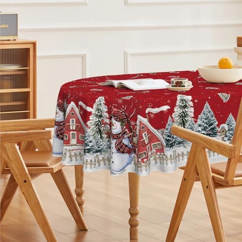 Christmas Tablecloth 60 x 84 Inch Oval Winter Snowman House Red in 60 x 84 Inch, alternate view 4