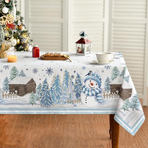 Christmas Tablecloth 60 x 84 Inch Rectangular Blue Snowman Pine in 60 x 84 Inch