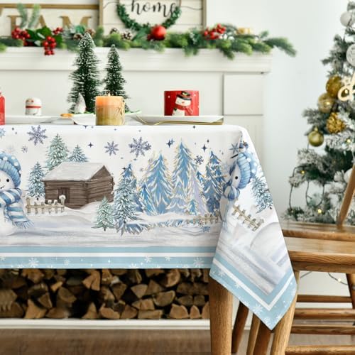Christmas Tablecloth 60 x 84 Inch Rectangular Blue Snowman Pine in 60 x 84 Inch, alternate view 3