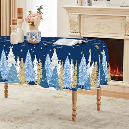 Christmas Tablecloth 60x84 Inch Oval, Christmas Trees Blue Grey Washable Seasonal Table Cover for Party Picnic