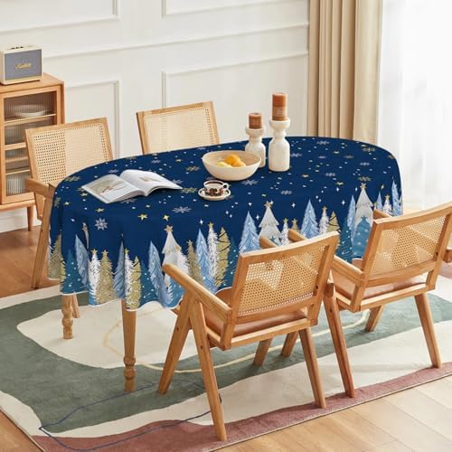 Christmas Tablecloth 60x84 Inch Oval, Christmas Trees Blue Grey Washable Seasonal Table Cover for Party Picnic, alternate