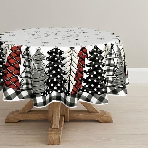 Christmas Tablecloth 70×70 Inch Round, Christmas Trees Buffalo Plaid Black Washable Table Cover for Party Picnic