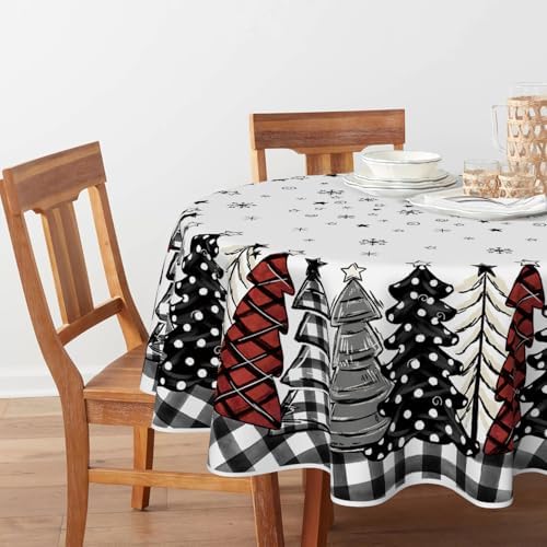 Christmas Tablecloth 70×70 Inch Round, Christmas Trees Buffalo Plaid Black Washable Table Cover for Party Picnic, alternate