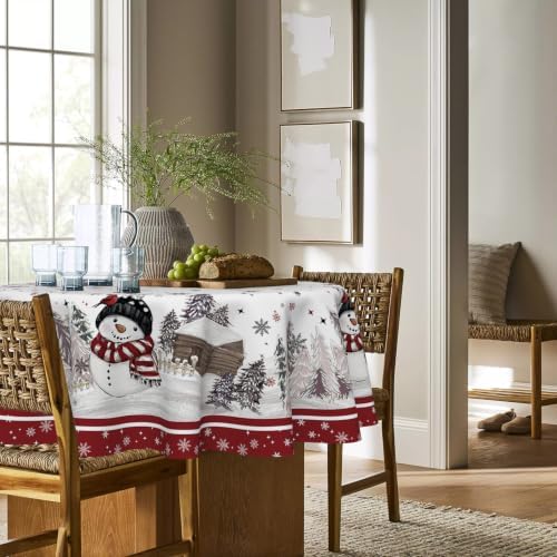 Christmas Tablecloth 70×70 Inch Round, Red Bordered Pine Pattern Table Cover for Kitchen Dining Christmas Party, alternate