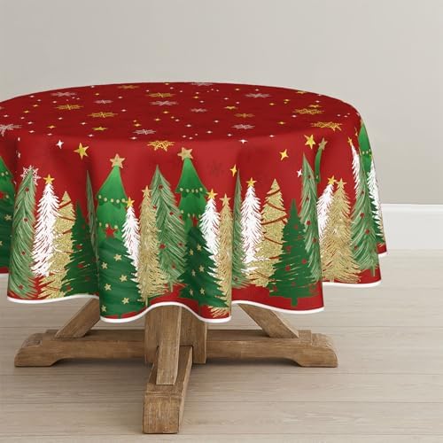 Christmas Tablecloth 90 x 90 Inch Round Christmas Trees Red in 90 x 90 Inch