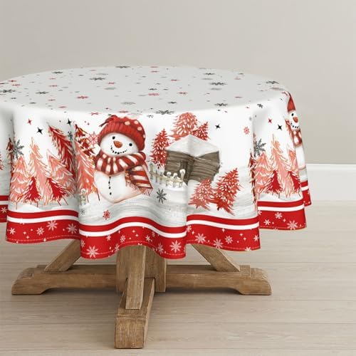 Christmas Tablecloth 90 x 90 Inch Round Red Snowman Pine Snow in 90 x 90 Inch