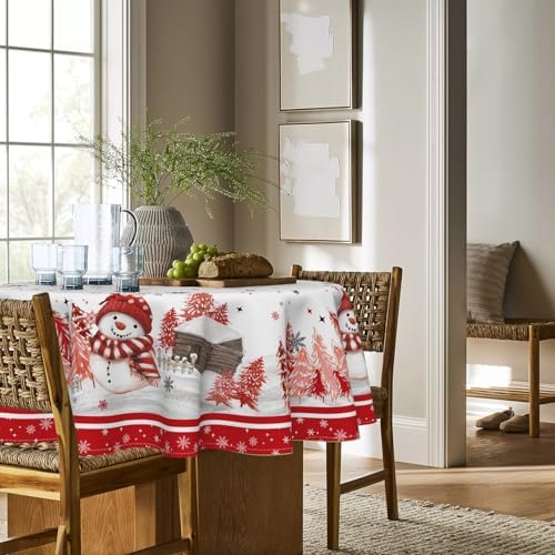 Christmas Tablecloth 90 x 90 Inch Round Red Snowman Pine Snow in 90 x 90 Inch, alternate view 3