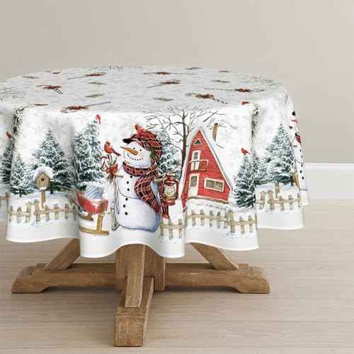 Christmas Tablecloth 90 x 90 Inch Round Winter Snowman House in 90 x 90 Inch