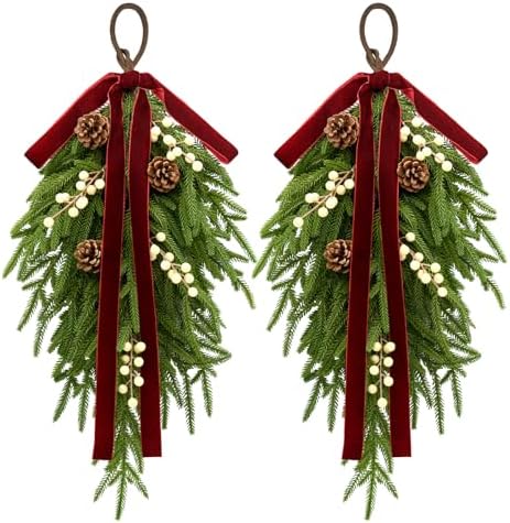 Christmas Teardrop Swag Decorations, 24'' Christmas Teardrop Wreath Artificial Pine Needle Berries Hanging