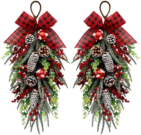 Christmas Teardrop Swag Decorations, Christmas Teardrop Wreath Artificial Bells Pinecones Berries Hanging Decor