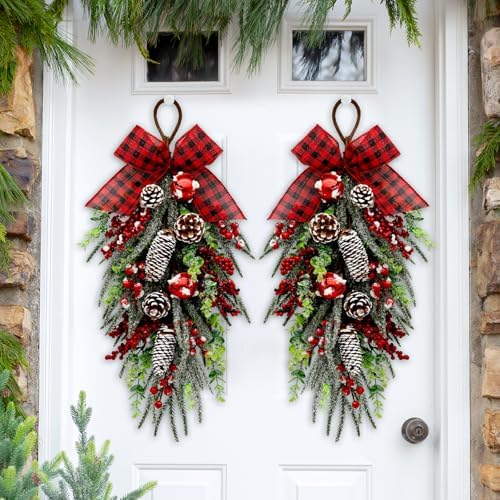 Christmas Teardrop Swag Decorations, Christmas Teardrop Wreath Artificial Bells Pinecones Berries Hanging Decor, alternate