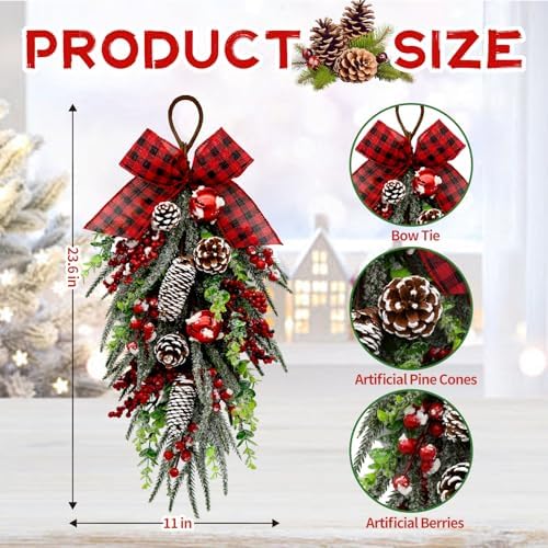 Christmas Teardrop Swag Decorations, Christmas Teardrop Wreath Artificial Bells Pinecones Berries Hanging Decor, alternate