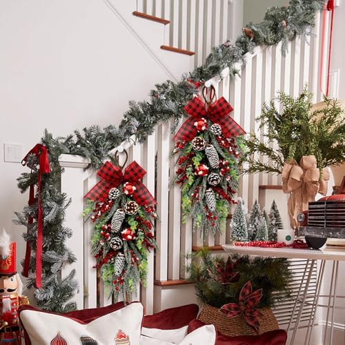 Christmas Teardrop Swag Decorations, Christmas Teardrop Wreath Artificial Bells Pinecones Berries Hanging Decor, alternate