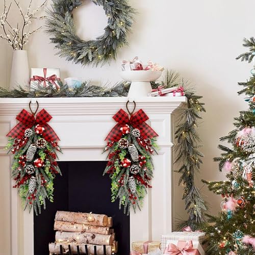 Christmas Teardrop Swag Decorations, Christmas Teardrop Wreath Artificial Bells Pinecones Berries Hanging Decor, alternate