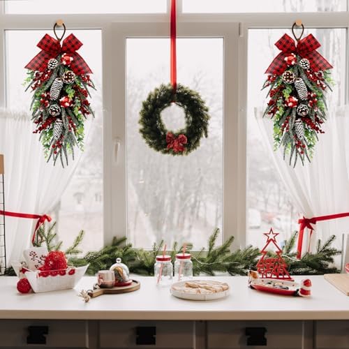 Christmas Teardrop Swag Decorations, Christmas Teardrop Wreath Artificial Bells Pinecones Berries Hanging Decor, alternate
