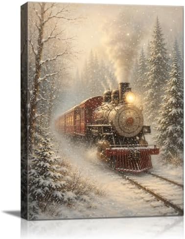 Christmas Train Canvas Wall Art, Vintage Winter Snowy Forest Canvas Prints