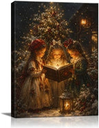 Christmas Tree Canvas Wall Art, Little Girls Reading Book Canvas Prints