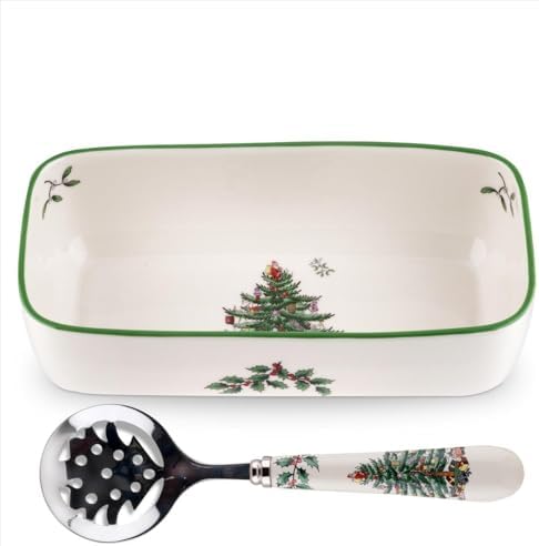 Christmas Tree Cranberry Dish with Slotted Spoon, Set of 2 in 2.2" H x 8" L x 4.25" W in Multicolor
