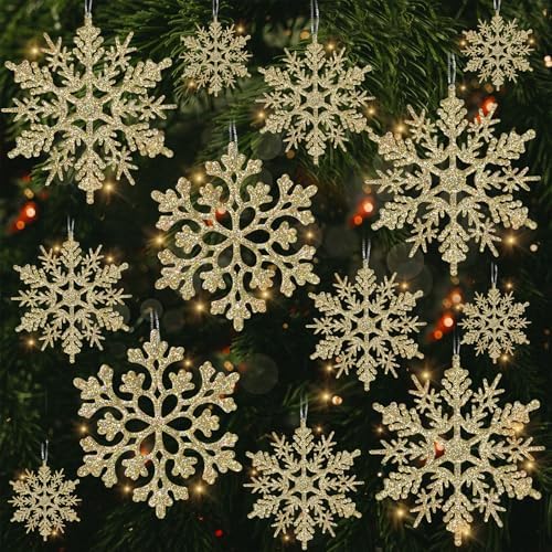 Christmas Tree Decorations Snowflake Ornaments, 36Pcs Glitter Gold Plastic Hanging Snowflakes from Ceiling Snow
