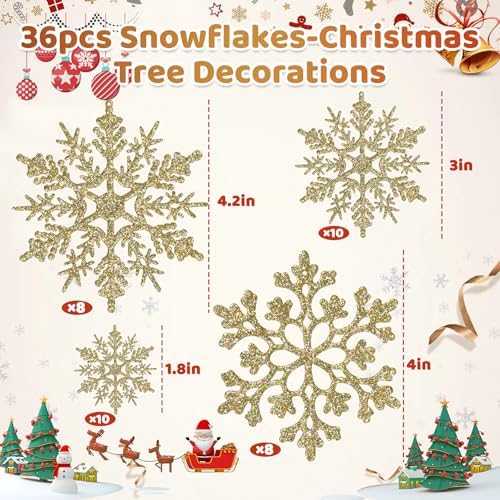 Christmas Tree Decorations Snowflake Ornaments, 36Pcs Glitter Gold Plastic Hanging Snowflakes from Ceiling Snow, alternate