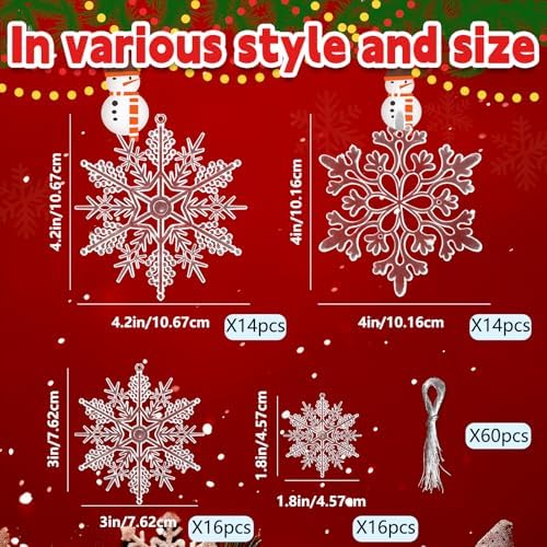 Christmas Tree Decorations Snowflake Ornaments 60Pcs Clear Plastic Hanging Snowflakes from Ceiling Snow Flakes, alternate