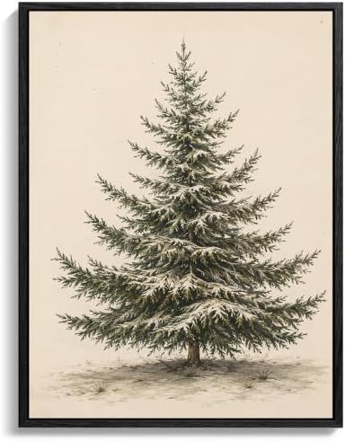 Christmas Tree Framed Wall Art, Vintage Snowy Pine Tree Christmas Pictures