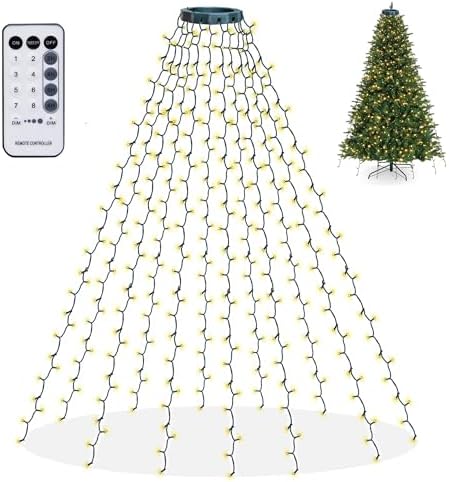 Christmas Tree Lights, 448 LED Waterfall Tree Topper Lights with Remote & 8 Lighting Modes, 8.2FT X 16 Lines