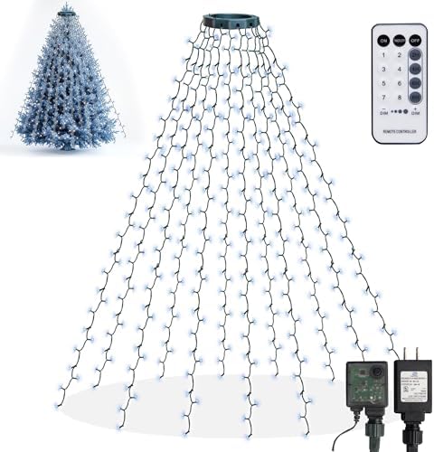Christmas Tree Lights, 448 LED Waterfall Tree Topper Lights with Remote & 8 Lighting Modes, 8.2FT X 16 Lines