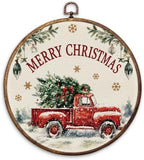 Christmas Tree Red Truck Round Framed Wall Art 10"x10"