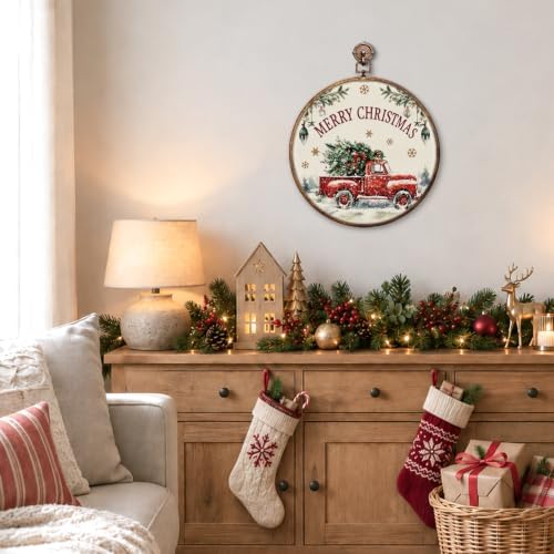 Christmas Tree Red Truck Round Framed Wall Art 10"x10", alternate view 3