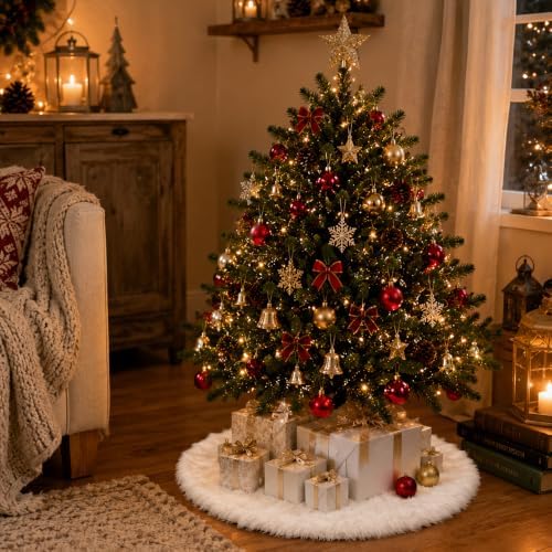 Christmas Tree Skirt, 30 Inch White Soft Faux Fur Tree Skirts Plush Christmas Decorations, White Ornaments, alternate view 6