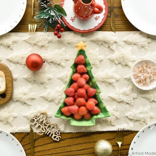 Christmas Trees Beige Soft Plush Faux Fur Jacquard Christmas Table Runner, Holiday Kitchen Dining Table, alternate view 2