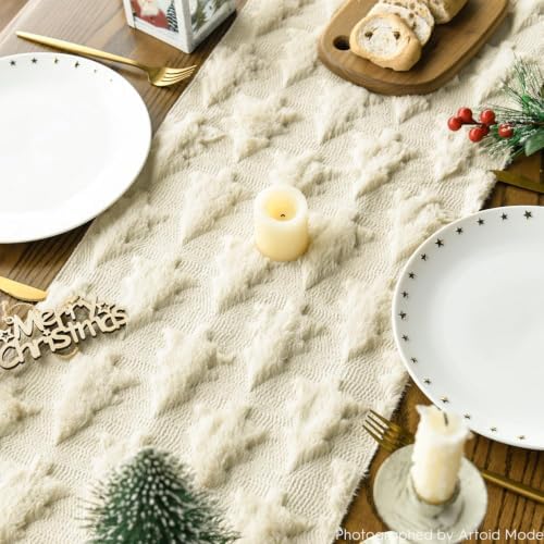 Christmas Trees Beige Soft Plush Faux Fur Jacquard Christmas Table Runner, Holiday Kitchen Dining Table, alternate view 6