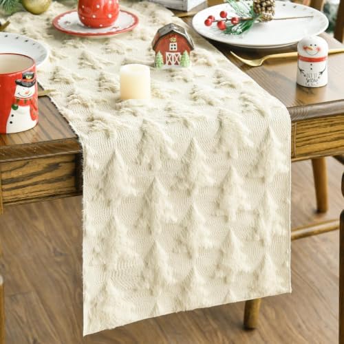 Christmas Trees Beige Soft Plush Faux Fur Jacquard Christmas Table Runner, Holiday Kitchen Dining Table
