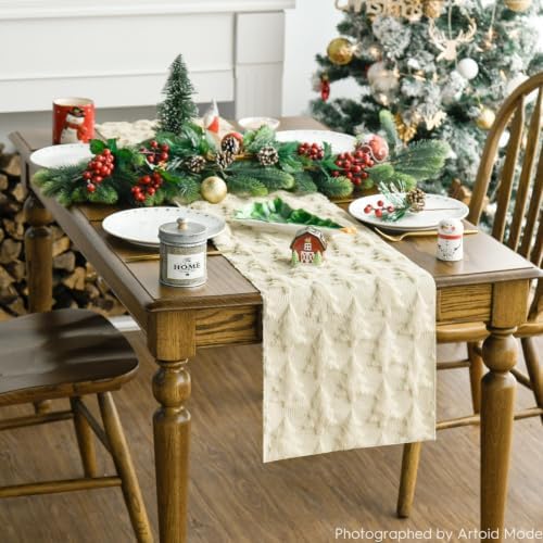 Christmas Trees Beige Soft Plush Faux Fur Jacquard Christmas Table Runner, Holiday Kitchen Dining Table, alternate view 3