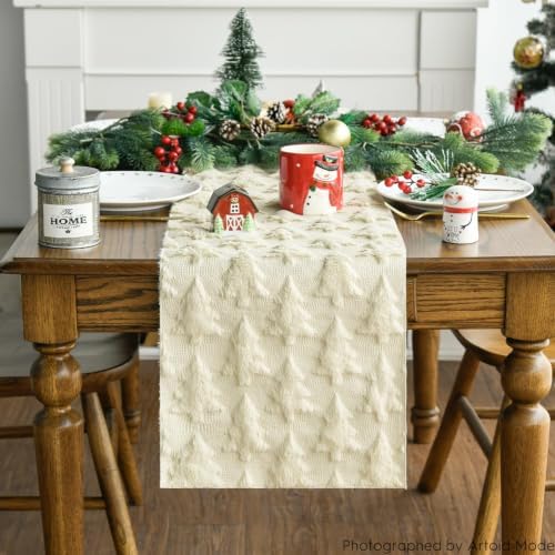 Christmas Trees Beige Soft Plush Faux Fur Jacquard Christmas Table Runner, Holiday Kitchen Dining Table, alternate view 4