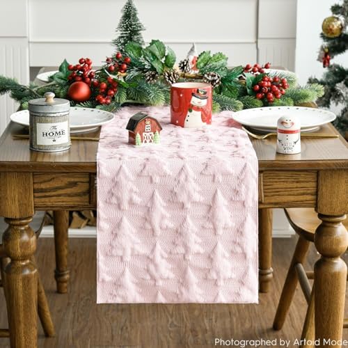 Christmas Trees Pink Soft Plush Faux Fur Jacquard Christmas Table Runner, Holiday Kitchen Dining Table, alternate view 3