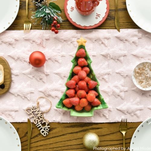 Christmas Trees Pink Soft Plush Faux Fur Jacquard Christmas Table Runner, Holiday Kitchen Dining Table, alternate view 2