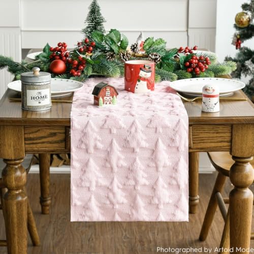 Christmas Trees Pink Soft Plush Faux Fur Jacquard Christmas Table Runner, Holiday Kitchen Dining Table, alternate view 3