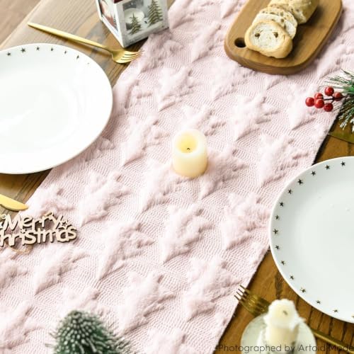 Christmas Trees Pink Soft Plush Faux Fur Jacquard Christmas Table Runner, Holiday Kitchen Dining Table, alternate view 6