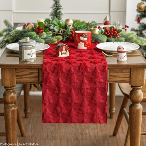 Christmas Trees Red Soft Plush Faux Fur Jacquard Christmas Table Runner, Holiday Kitchen Dining Table Decoration, alternate