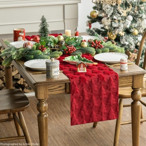 Christmas Trees Red Soft Plush Faux Fur Jacquard Christmas Table Runner, Holiday Kitchen Dining Table Decoration, alternate
