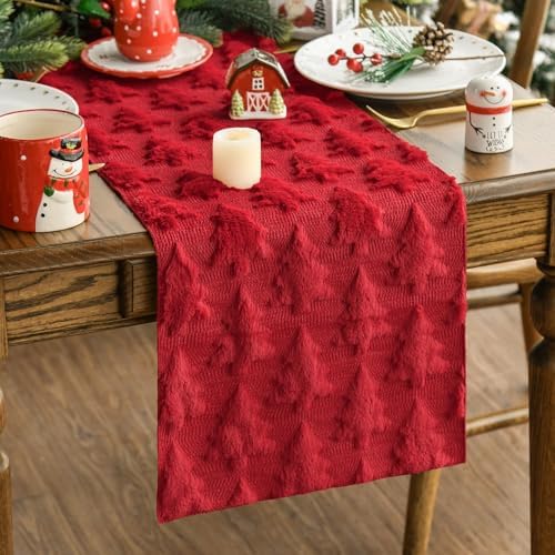 Christmas Trees Red Soft Plush Faux Fur Jacquard Christmas Table Runner, Holiday Kitchen Dining Table Decoration